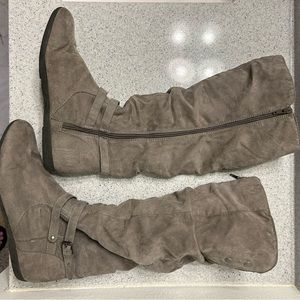Gray suede below knee boots